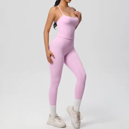 Conjunto desportivo feminino 2 peças — agasalho de ioga sem mangas, com sutiã desportivo e macacão de treino, ideal para fitness, ginásio e atividades físicas