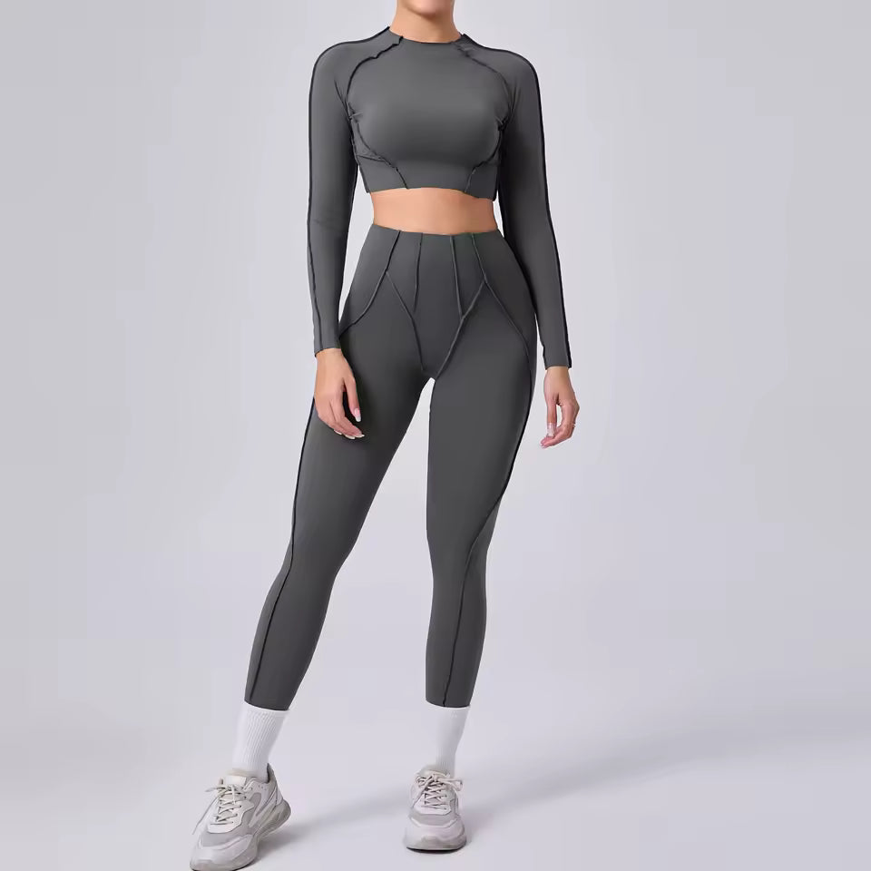 Conjunto feminino de ioga 3D — leggings de cintura alta que modelam e levantam o quadril, com top sem costas, para treino e ginásio.