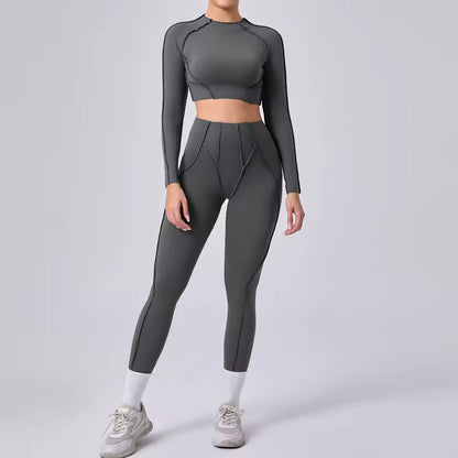 Conjunto feminino de ioga 3D — leggings de cintura alta que modelam e levantam o quadril, com top sem costas, para treino e ginásio.