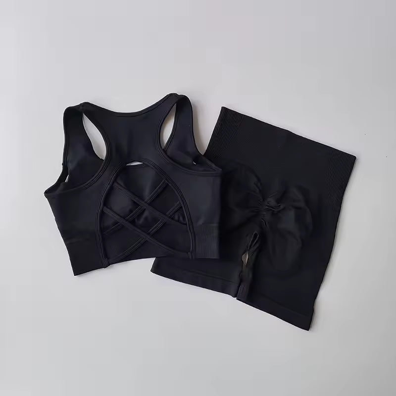 Conjunto feminino sem costuras 2 peças – top desportivo sexy e calções de cintura alta, ideal para yoga, ginásio e treino fitness.