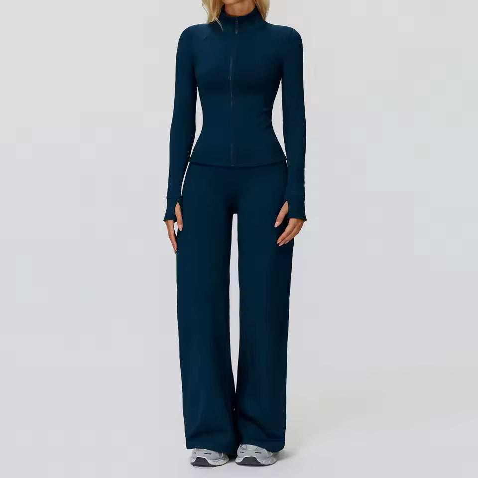 Conjunto feminino de ioga com 2 peças — roupa desportiva de ginásio, leggings de cintura alta e top de manga comprida para treino e corrida.