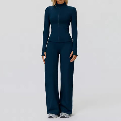 Conjunto feminino de ioga com 2 peças — roupa desportiva de ginásio, leggings de cintura alta e top de manga comprida para treino e corrida.