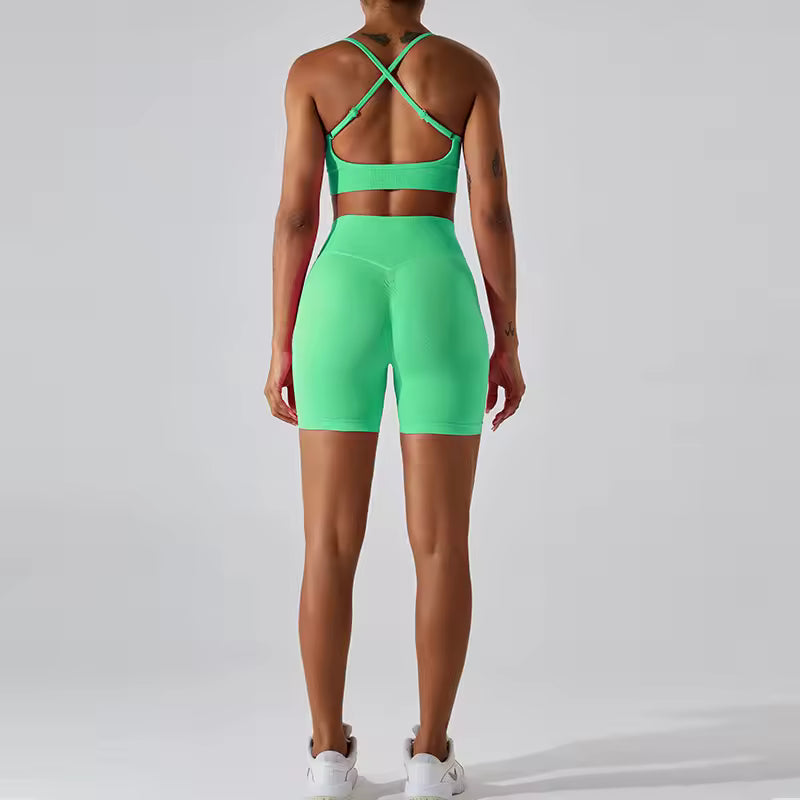 Conjunto de yoga feminino sem costuras, conjunto de treino de 2 peças com top canelado e calções de cintura alta, roupa de ginásio fitness para corrida e atividades atléticas.