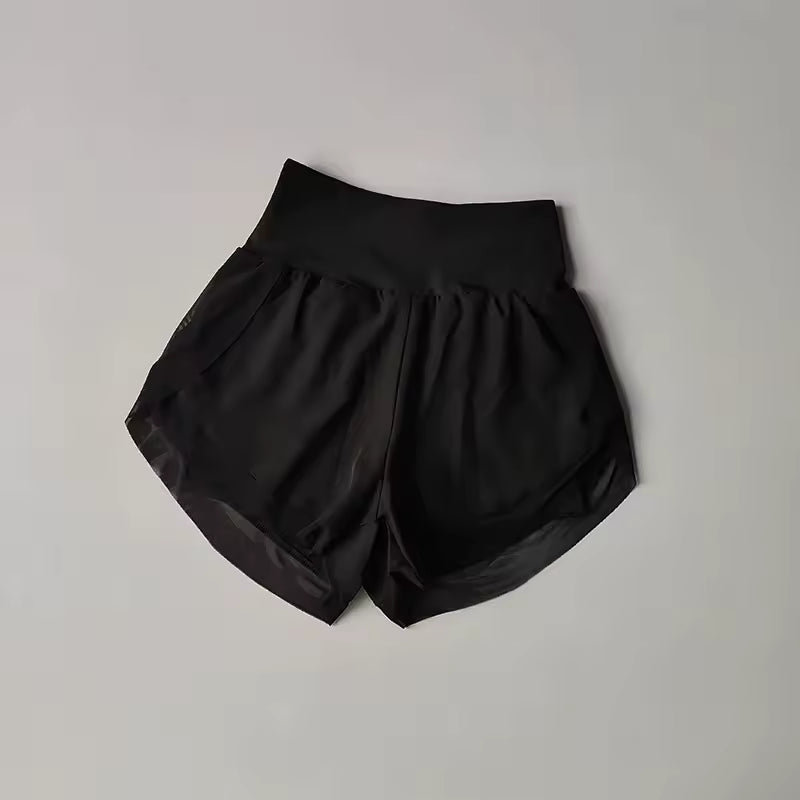 Shorts de yoga femininos de cintura alta, efeito de duas peças, com malha respirável e secagem rápida, anti-transparência