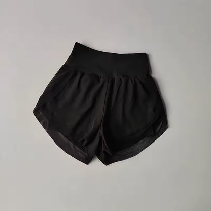 Shorts de yoga femininos de cintura alta, efeito de duas peças, com malha respirável e secagem rápida, anti-transparência