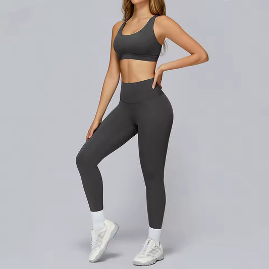 Conjunto de yoga feminino 2 peças: sutiã desportivo, leggings de cintura alta e calções — conjunto para ginásio, treino e atividades desportivas.