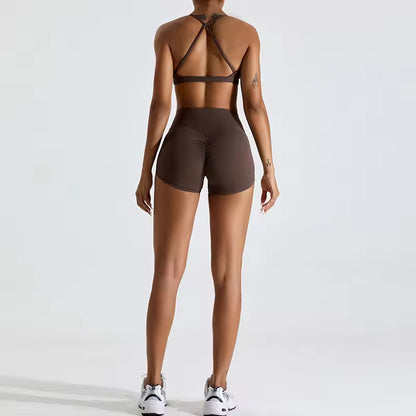 Conjunto desportivo feminino 2 peças — sutiã de treino e calções de cintura alta, com efeito push-up, ideal para ioga, corrida, ginásio e fitness