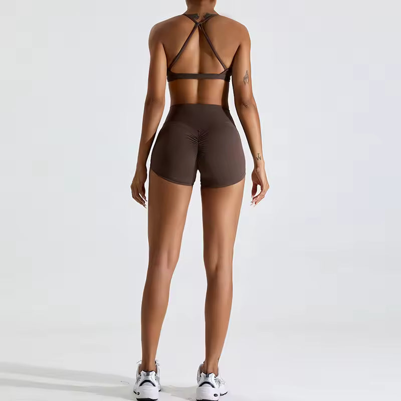 Conjunto desportivo feminino 2 peças — sutiã de treino e calções de cintura alta, com efeito push-up, ideal para ioga, corrida, ginásio e fitness