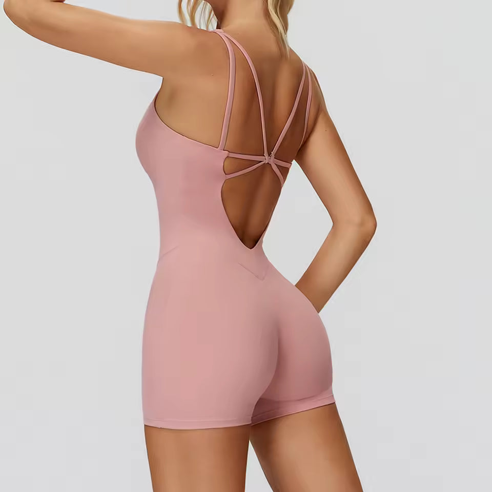 Macacão curto feminino de ioga – peça única desportiva de ginásio, com efeito push up e tecido elástico, ideal para treino e fitness