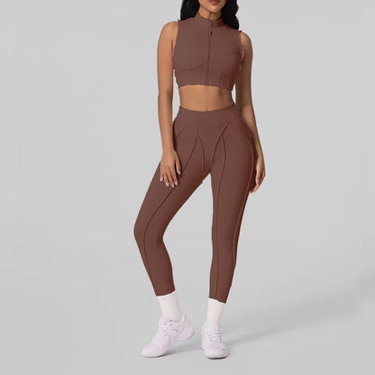 Conjunto feminino de treino com 2 peças — jaqueta acolchoada e roupa desportiva de ioga, com camisa de manga comprida de secagem rápida para fitness.