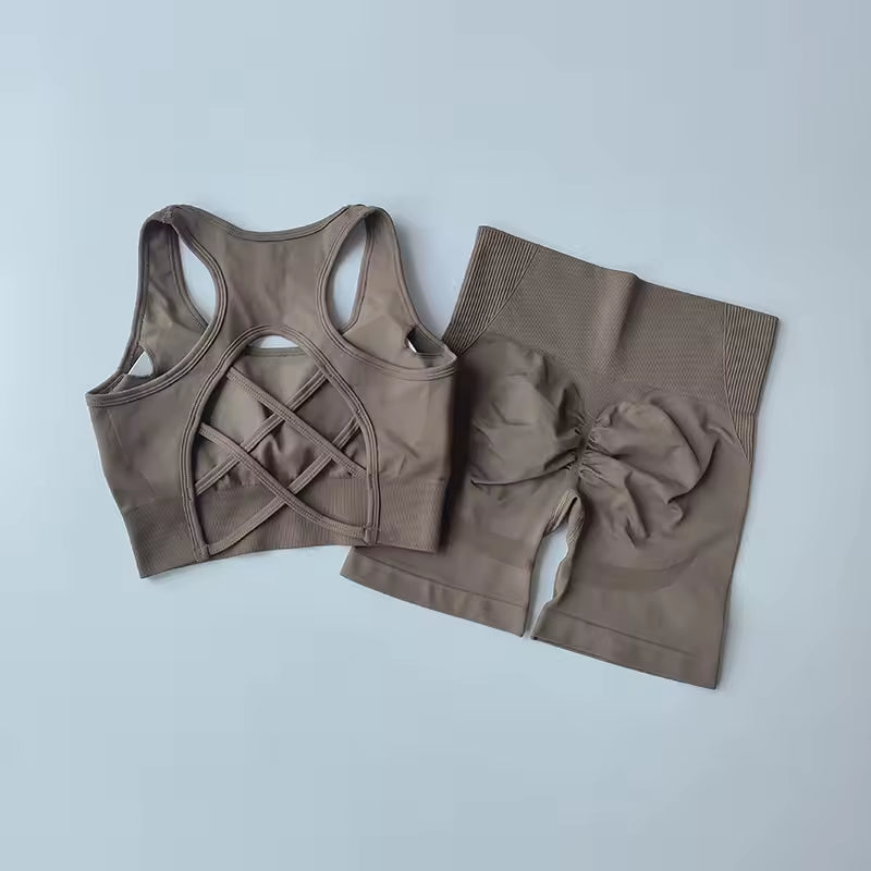 Conjunto feminino sem costuras 2 peças – top desportivo sexy e calções de cintura alta, ideal para yoga, ginásio e treino fitness.