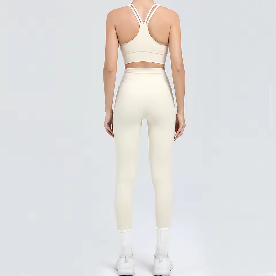 Conjunto feminino de 2 peças, fato de treino e yoga, roupa desportiva de ginásio com leggings de cintura alta e sutiã de fitness, conjunto atlético.