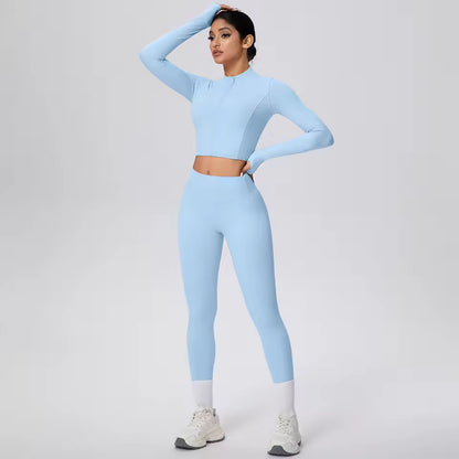 Conjunto feminino de 2 peças para treino, com jaqueta de fecho e calças de cintura alta, em cor sólida, respirável e de secagem rápida, ideal para yoga, ginásio, corrida e ciclismo