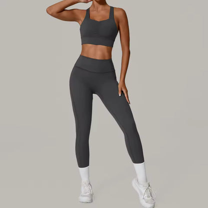 Conjunto feminino de 2 peças, fato de treino e yoga, roupa desportiva de ginásio com leggings de cintura alta e sutiã de fitness, conjunto atlético.