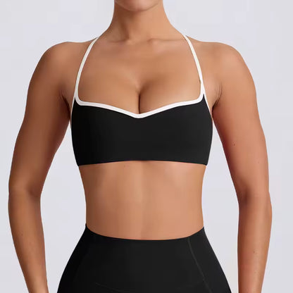 Conjunto de yoga feminino 2025 – cintura alta, efeito push-up e modelador, composto por top desportivo sem costas e leggings de compressão, ideal para treino, ginásio e yoga.