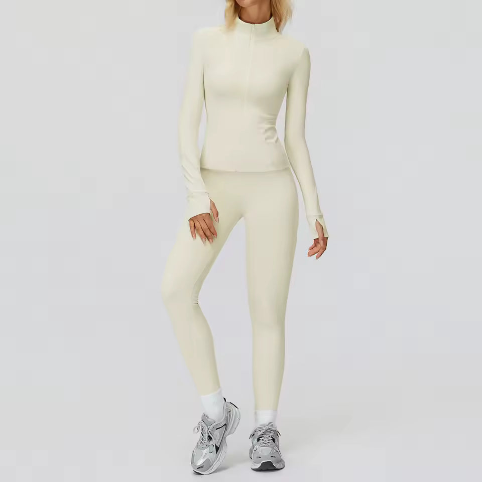 Conjunto feminino de ioga com 2 peças — roupa desportiva de ginásio, leggings de cintura alta e top de manga comprida para treino e corrida.