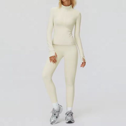 Conjunto feminino de ioga com 2 peças — roupa desportiva de ginásio, leggings de cintura alta e top de manga comprida para treino e corrida.