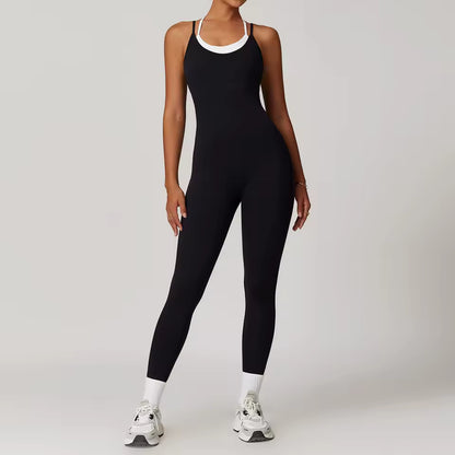 Conjunto desportivo feminino sexy — macacão de uma peça sem mangas com blocos de cor, ideal para yoga, fitness e treino de ginásio