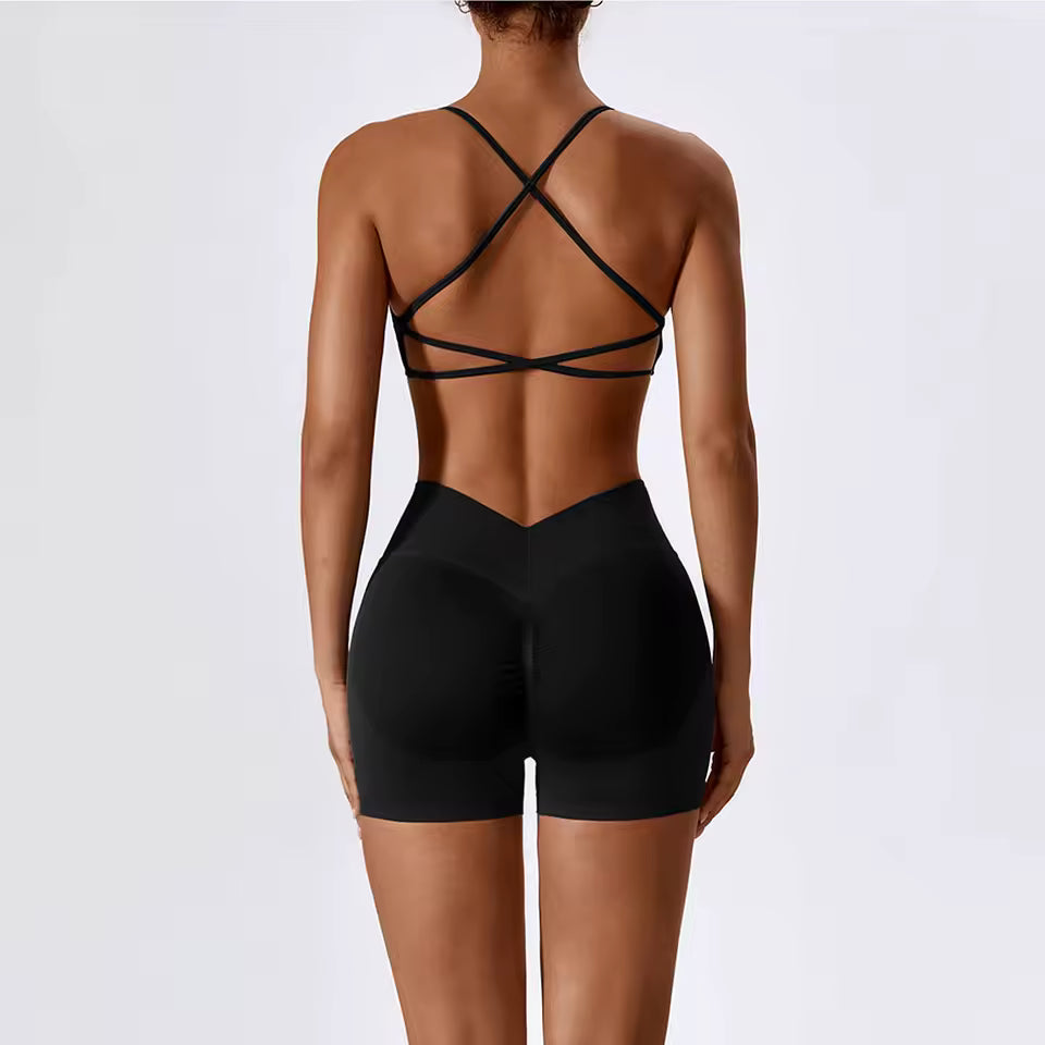 Conjunto feminino sem costuras para ioga e ginásio — inclui top curto e calções, ideal para treino, corrida e fitness (2 peças).