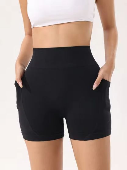 Calções desportivos femininos de cintura alta – cor lisa, em tecido de nylon, modelo justo e elegante, ideais para yoga e treino no verão.