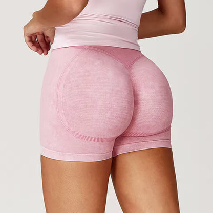 Shorts de yoga femininos de cintura alta, efeito “bumbum levantado”, em tecido com acabamento lavado, ideais para treino, fitness, corrida e ginásio