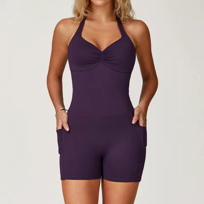 Macacão de yoga feminino, bodysuit de ginásio com efeito push-up, roupa de treino fitness e yoga, de secagem rápida e com efeito de elevação dos glúteos.