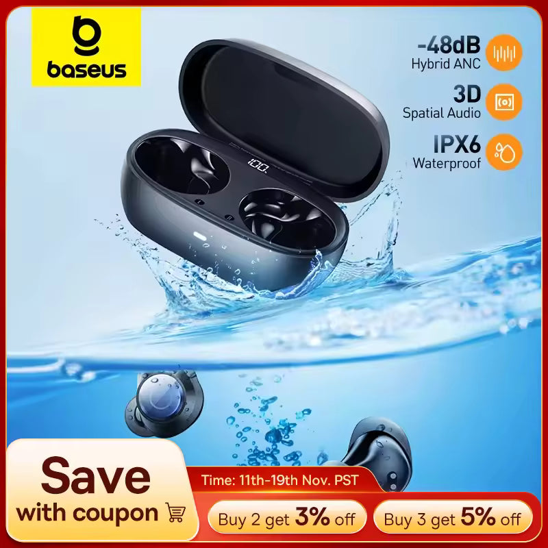 Baseus Bowie MA10 Pro ANC — Auscultadores Sem Fios com Cancelamento de Ruído Híbrido de 48 dB, Bluetooth 5.3, IPX6 à Prova de Água, 4 Microfones ENC para Desporto