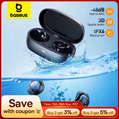 Baseus Bowie MA10 Pro ANC — Auscultadores Sem Fios com Cancelamento de Ruído Híbrido de 48 dB, Bluetooth 5.3, IPX6 à Prova de Água, 4 Microfones ENC para Desporto