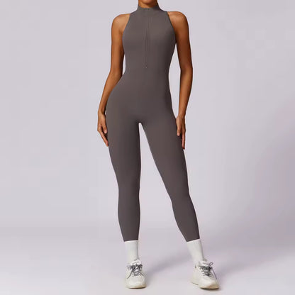 Conjunto de treino de ioga feminino — macacão fitness com fecho de correr, roupa desportiva de ginásio com efeito push-up, peça única