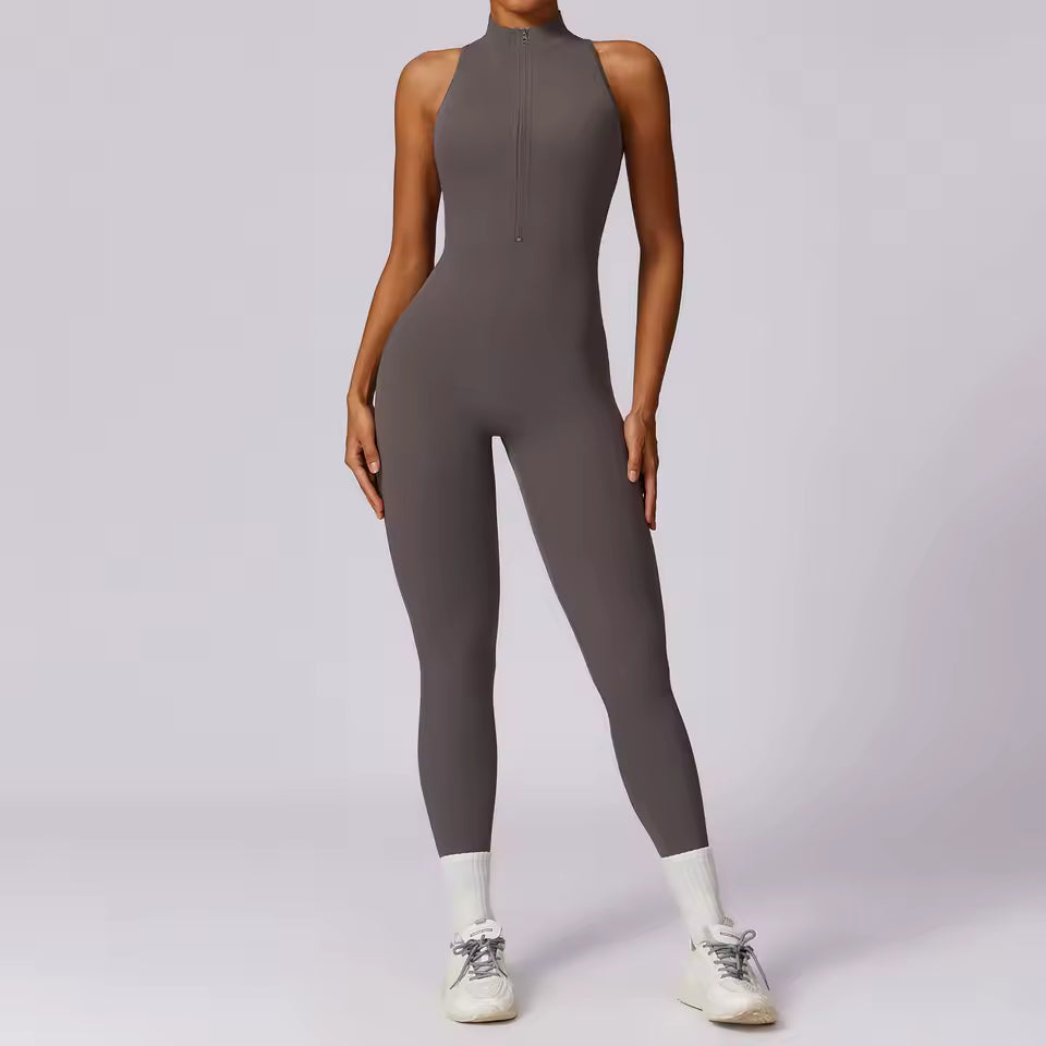 Conjunto de treino de ioga feminino — macacão fitness com fecho de correr, roupa desportiva de ginásio com efeito push-up, peça única