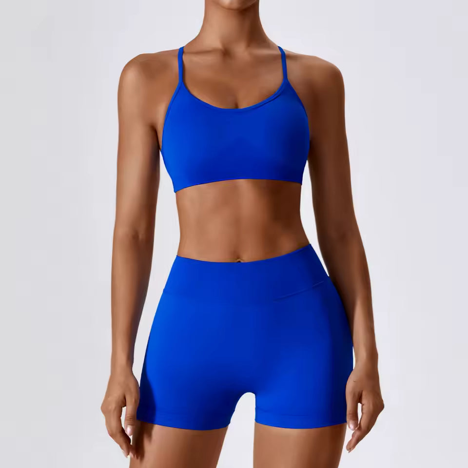 Conjunto feminino sem costuras para ioga e ginásio — inclui top curto e calções, ideal para treino, corrida e fitness (2 peças).
