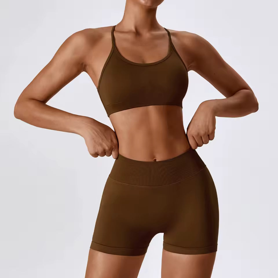 Conjunto feminino sem costuras para ioga e ginásio — inclui top curto e calções, ideal para treino, corrida e fitness (2 peças).