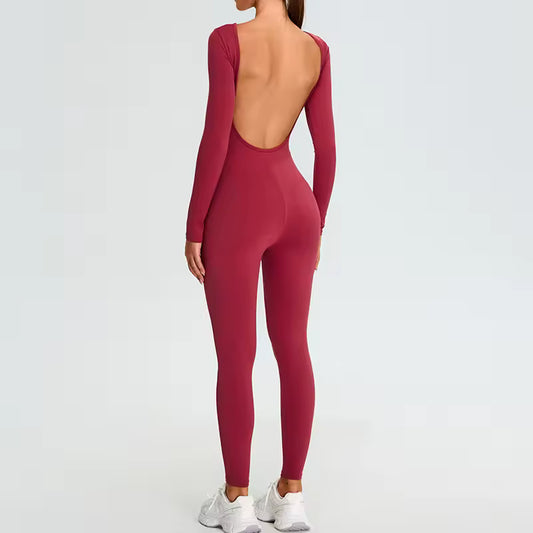 Macacão de fitness feminino — conjunto desportivo de treino e ioga, com mangas compridas, tecido elástico e efeito push-up, ideal para ginásio e atividades físicas