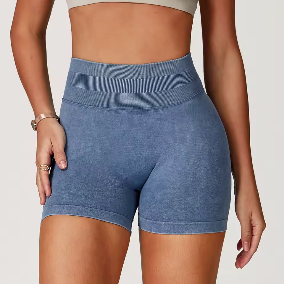 Shorts de yoga femininos de cintura alta, efeito “bumbum levantado”, em tecido com acabamento lavado, ideais para treino, fitness, corrida e ginásio