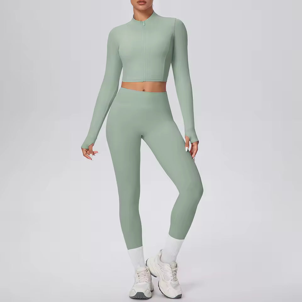 Conjunto feminino de 2 peças para treino, com jaqueta de fecho e calças de cintura alta, em cor sólida, respirável e de secagem rápida, ideal para yoga, ginásio, corrida e ciclismo