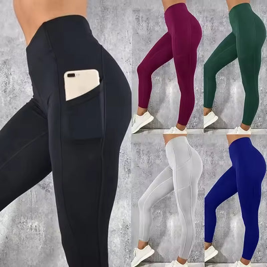 Leggings de fitness para mulher – calças de cintura alta com bolso, elásticas, modeladoras e com efeito push-up, ideais para treino, corrida e uso casual.