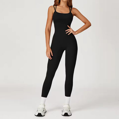 Macacão feminino com costas cruzadas — conjunto de yoga de uma peça, justo e elegante, ideal para treino, corrida ao ar livre e fitness, com efeito push up e design sexy.