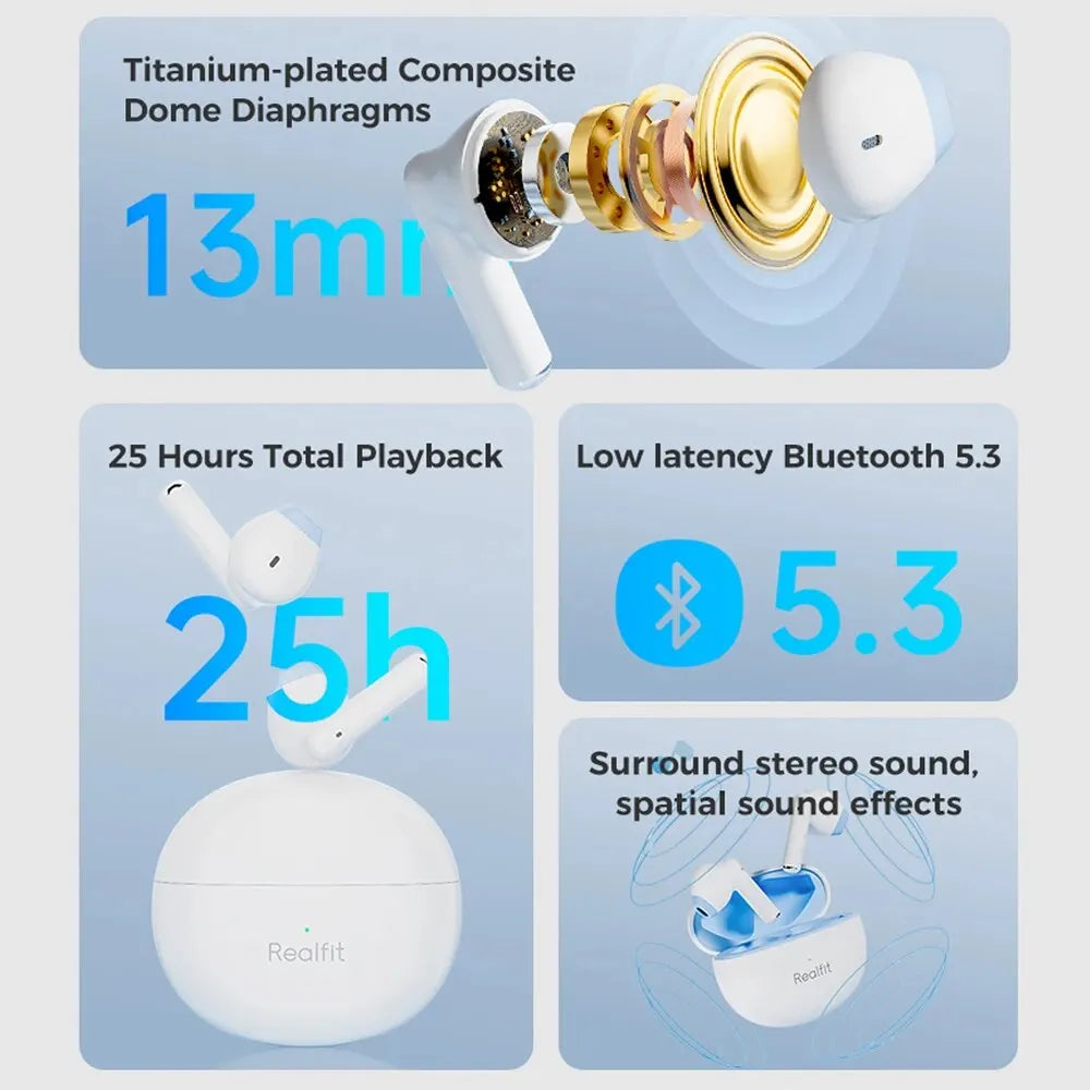 Auscultadores Bluetooth Realfit F2 Qualidade Hi-Fi de Excelência Earbuds TWS Sem Fios