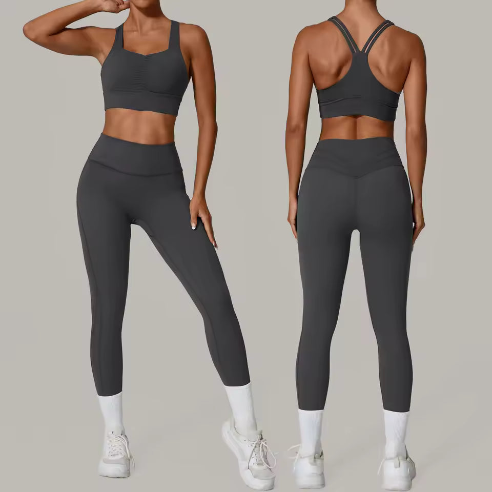 Conjunto feminino de 2 peças, fato de treino e yoga, roupa desportiva de ginásio com leggings de cintura alta e sutiã de fitness, conjunto atlético.