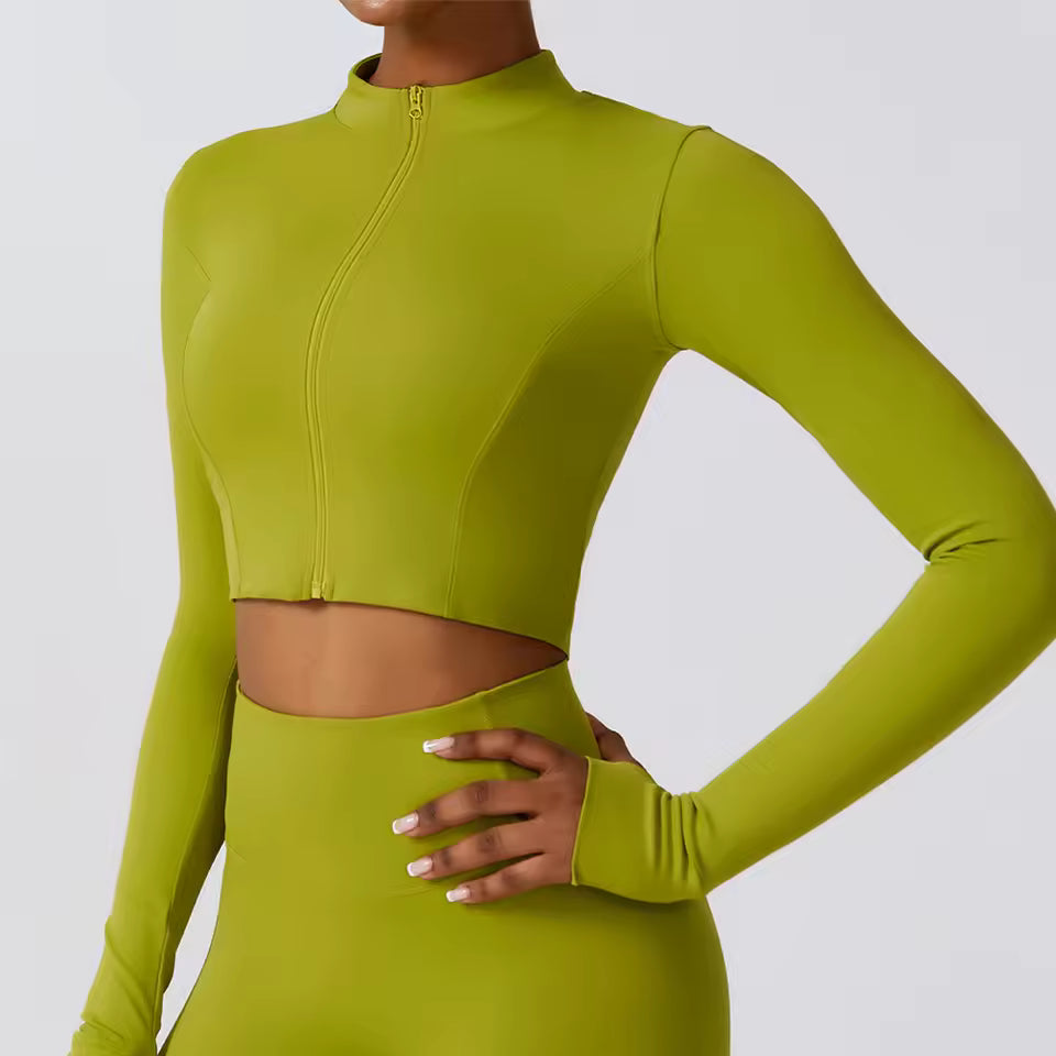 Jaqueta desportiva feminina com fecho, de manga comprida, respirável e de secagem rápida, ideal para corrida, ginásio e yoga, com encaixe para polegar e efeito push up