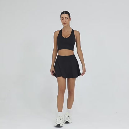 Conjunto de ioga 2 peças ginásio feminino com saia desportiva, top de treino e leggings de fitness – roupa de ioga elegante para mulher