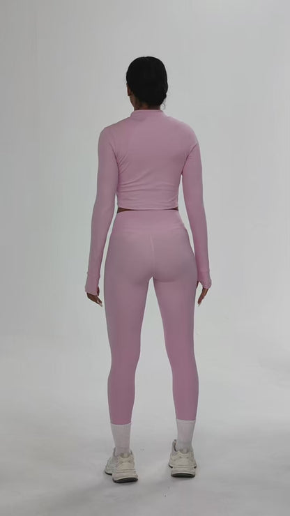 Conjunto feminino de 2 peças para treino, com jaqueta de fecho e calças de cintura alta, em cor sólida, respirável e de secagem rápida, ideal para yoga, ginásio, corrida e ciclismo