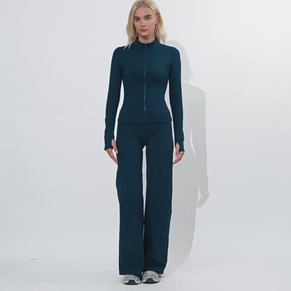 Conjunto feminino de ioga com 2 peças — roupa desportiva de ginásio, leggings de cintura alta e top de manga comprida para treino e corrida.