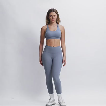 Conjunto de yoga feminino 2 peças: sutiã desportivo, leggings de cintura alta e calções — conjunto para ginásio, treino e atividades desportivas.